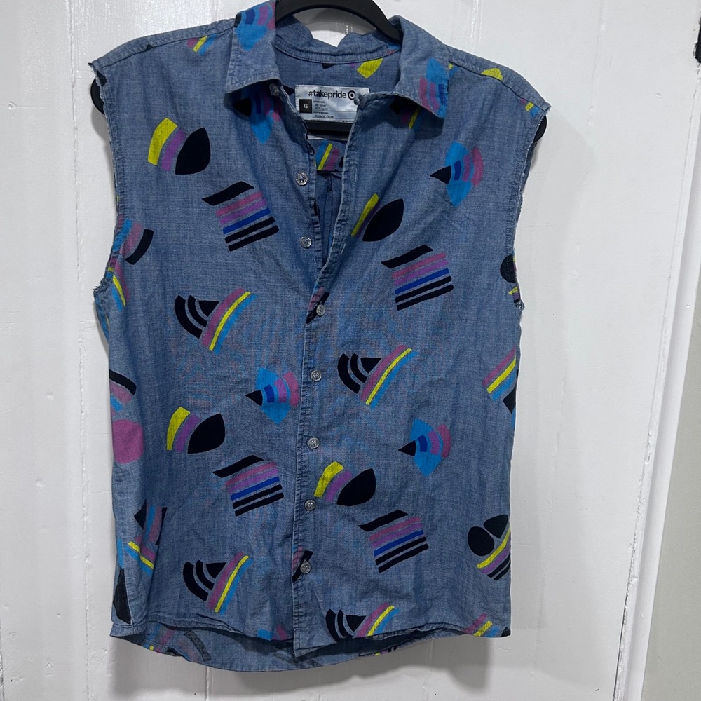 Target Pride Geometric Chambray Sleeveless Button Down Shirt XS Blue 80s Style